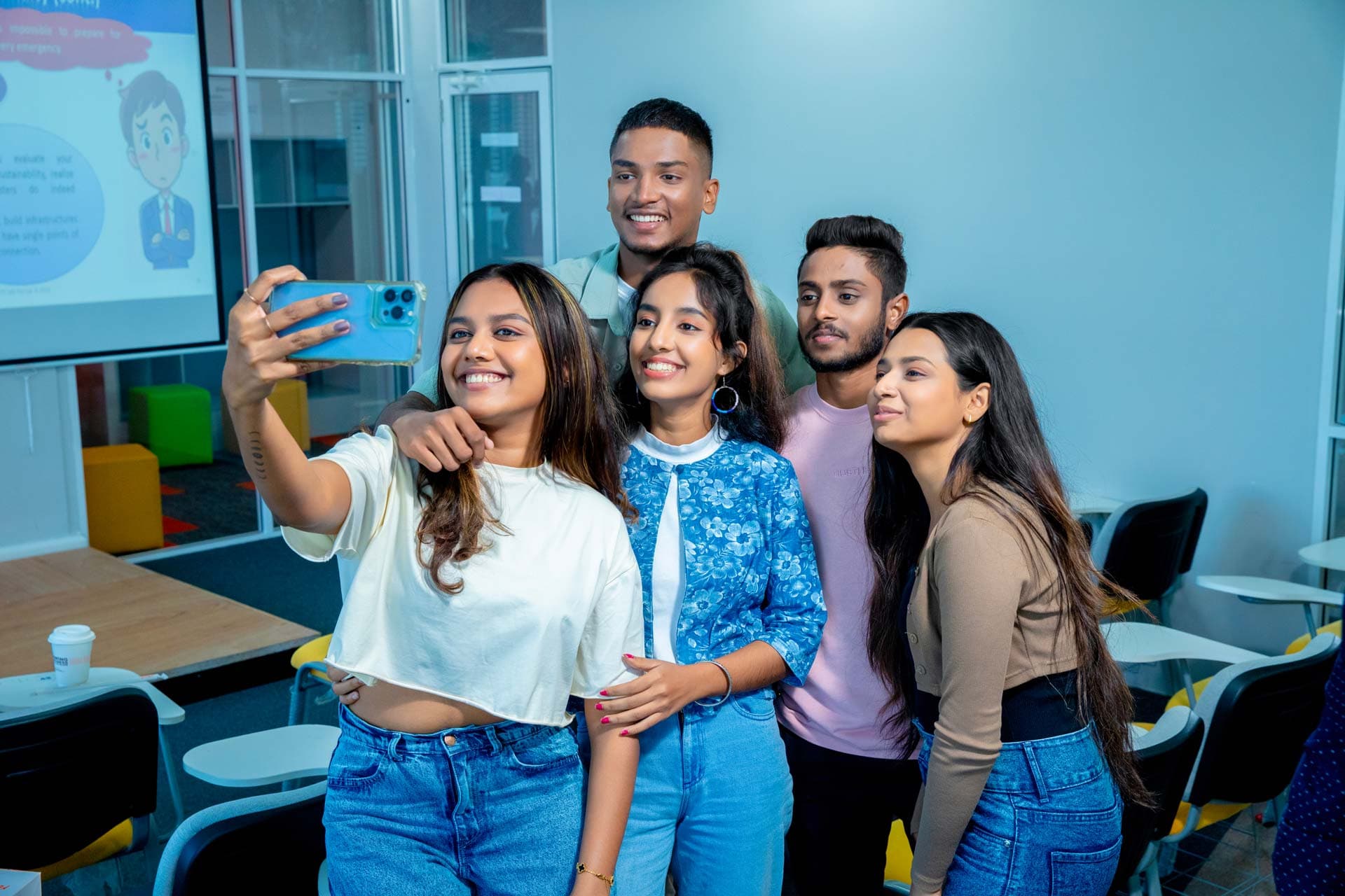 Students at SCU International, Chennai taking a selfie together
